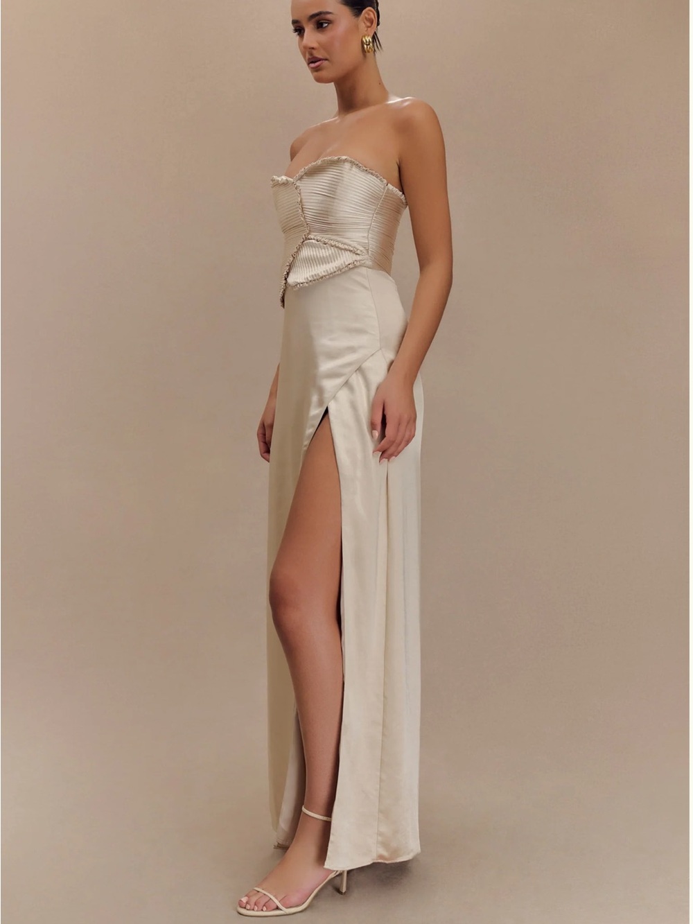 Larissa Satin Maxi Dress With Ruched Petals - Blush Gold